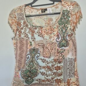 Bila Orange and Green Paisley Short Sleeve Top